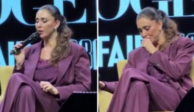 in difficoltà durante l'intervista, accompagnata fuori a braccetto