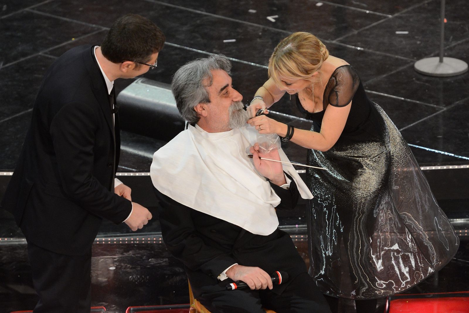 SANREMO ITALY  FEBRUARY 14  Luciana Littizzetto Fabio Fazio and Beppe Vessicchio attend the third night of the 63rd...