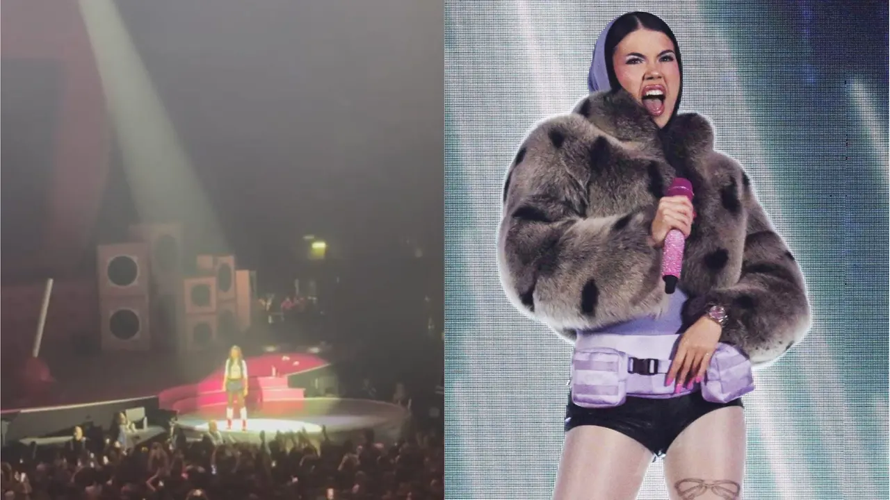 A sinistra la cantante Anna Pepe al concerto all'Unipol Arena di Bologna: ha sospeso lo show dopo che qualcuno tra il pubblico ha spruzzato spray al peperoncino