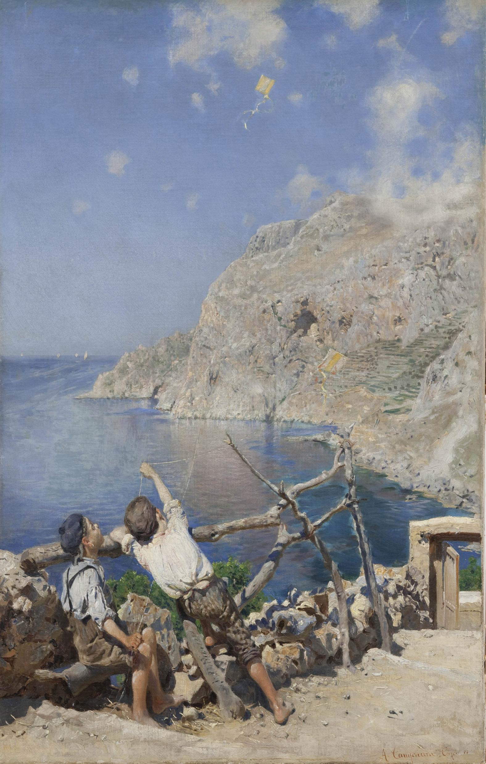 Alceste Campriani, Bambini con aquiloni a Capri (1881; olio su tela, 64 x 43 cm; Napoli, collezione privata)