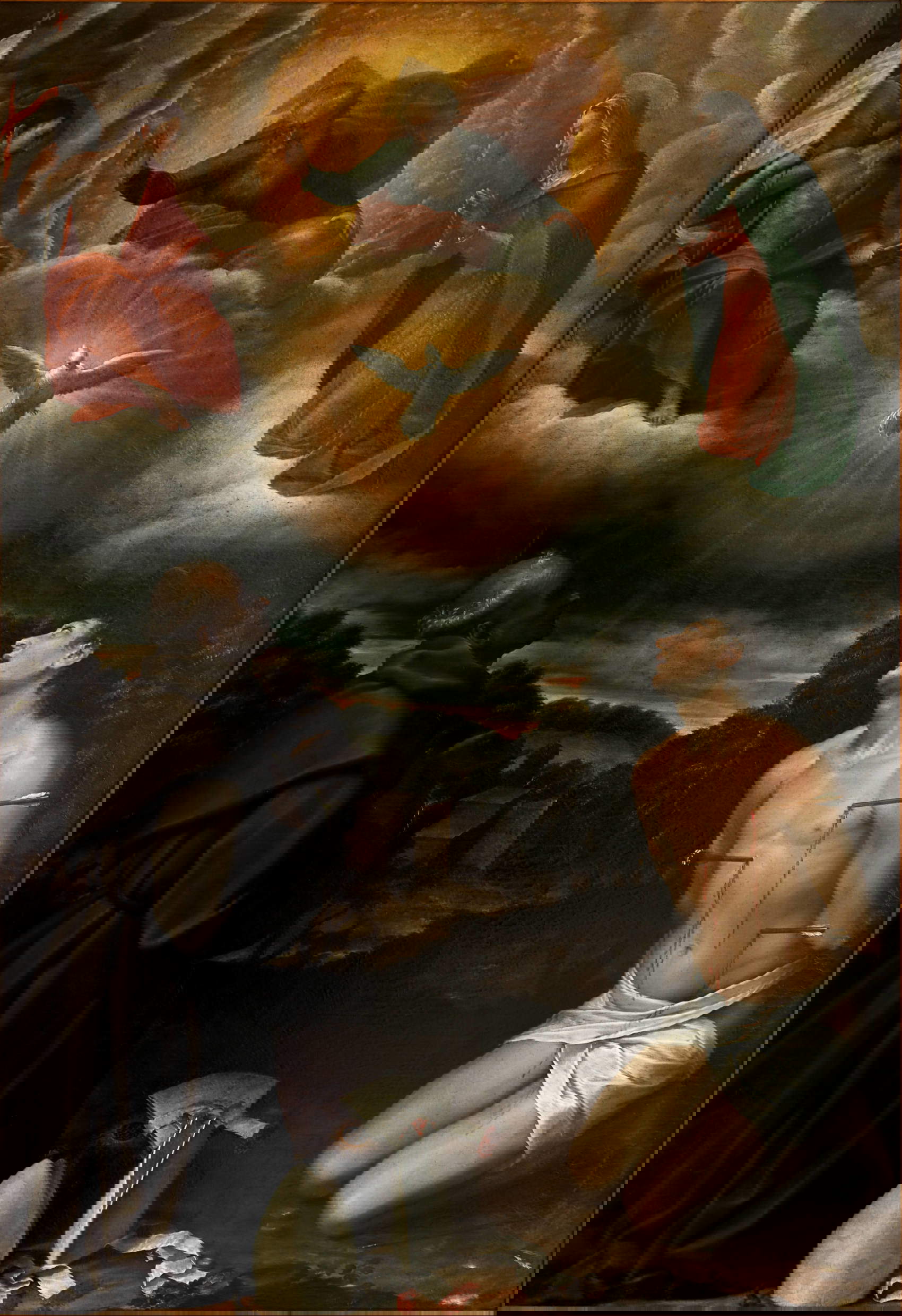 Bartolomeo Cesi, La Trinità e la Vergine adorate dai santi Bernardino da Siena e Sebastiano (1583-1585; olio su tela, 213 x 147 cm; Bologna, IRCCS - Azienda Ospedaliero-Universitaria di Bologna - Policlinico di Sant’Orsola)