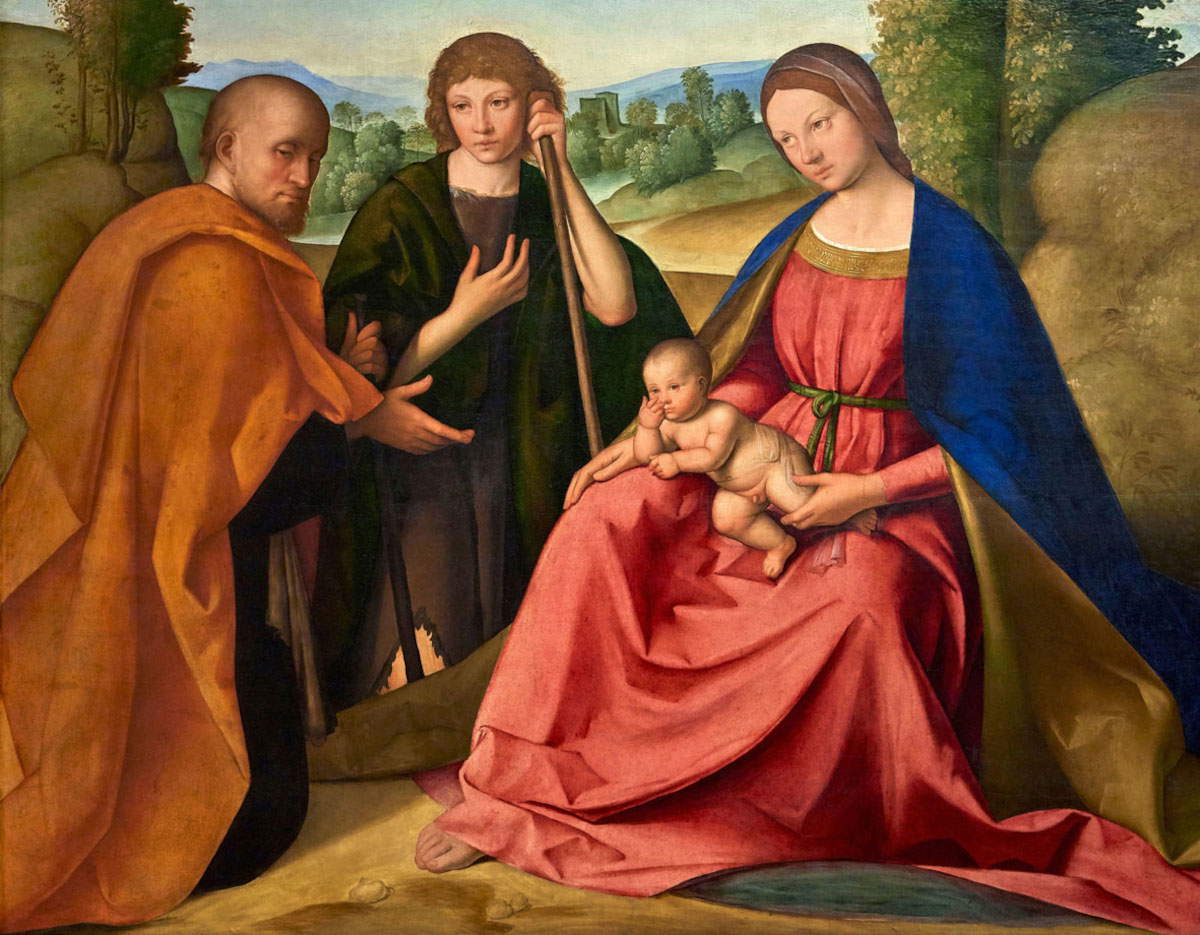Boccaccio Boccaccino, Sacra famiglia con un pastore (1500-1501; tempera e olio su tavola, 95 x 119 cm; Modena, Galleria Estense, inv. 426)