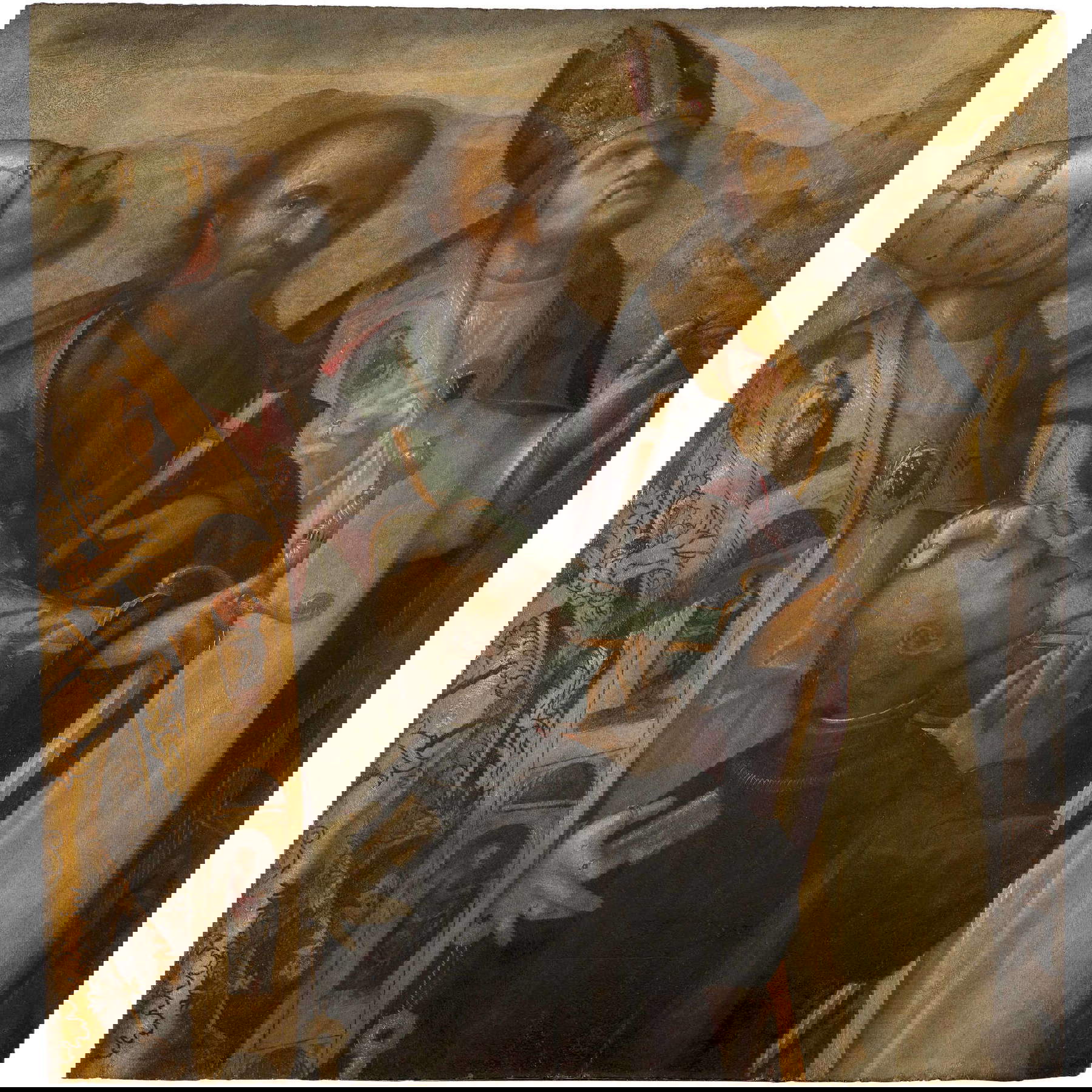 Boccaccio Boccaccino, San Pietro presenta il donatore Benedetto Fodri insieme a san Paolo e a un santo vescovo (Agostino o Ubaldo), Pala Fodri (1523-1524; tempera e olio su tavola, 143,5 × 136,5 cm; Cremona, Museo Diocesano, inv. ix.111)