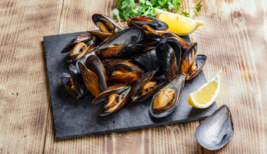 Cozze o mitili su vassoio di ardesia con limone e prezzemolo; concept: molluschi, frutti di mare