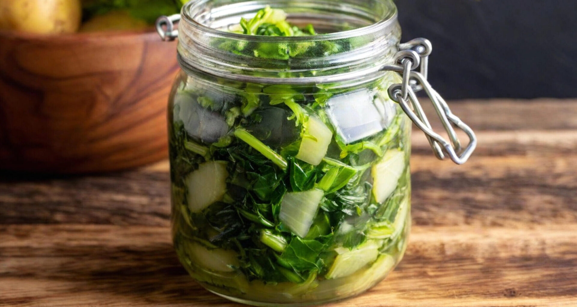 Cime di rapa o friarielli in un barattolo di vetro, concept: conserve vegetali, botulino