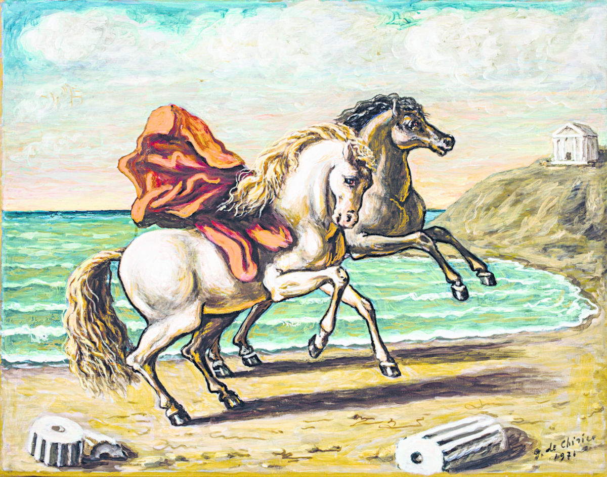 Giorgio de Chirico, Due cavalli in riva al mare con ruderi e drappo rosso (1971)