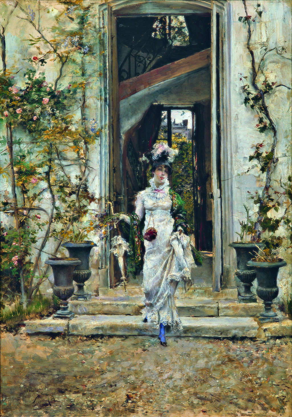 Giovanni Boldini, Berthe esce per la passeggiata (1874; olio su tavola 56 x 40 cm; Collezione privata). Su concessione di Galleria Bottegantica, Milano