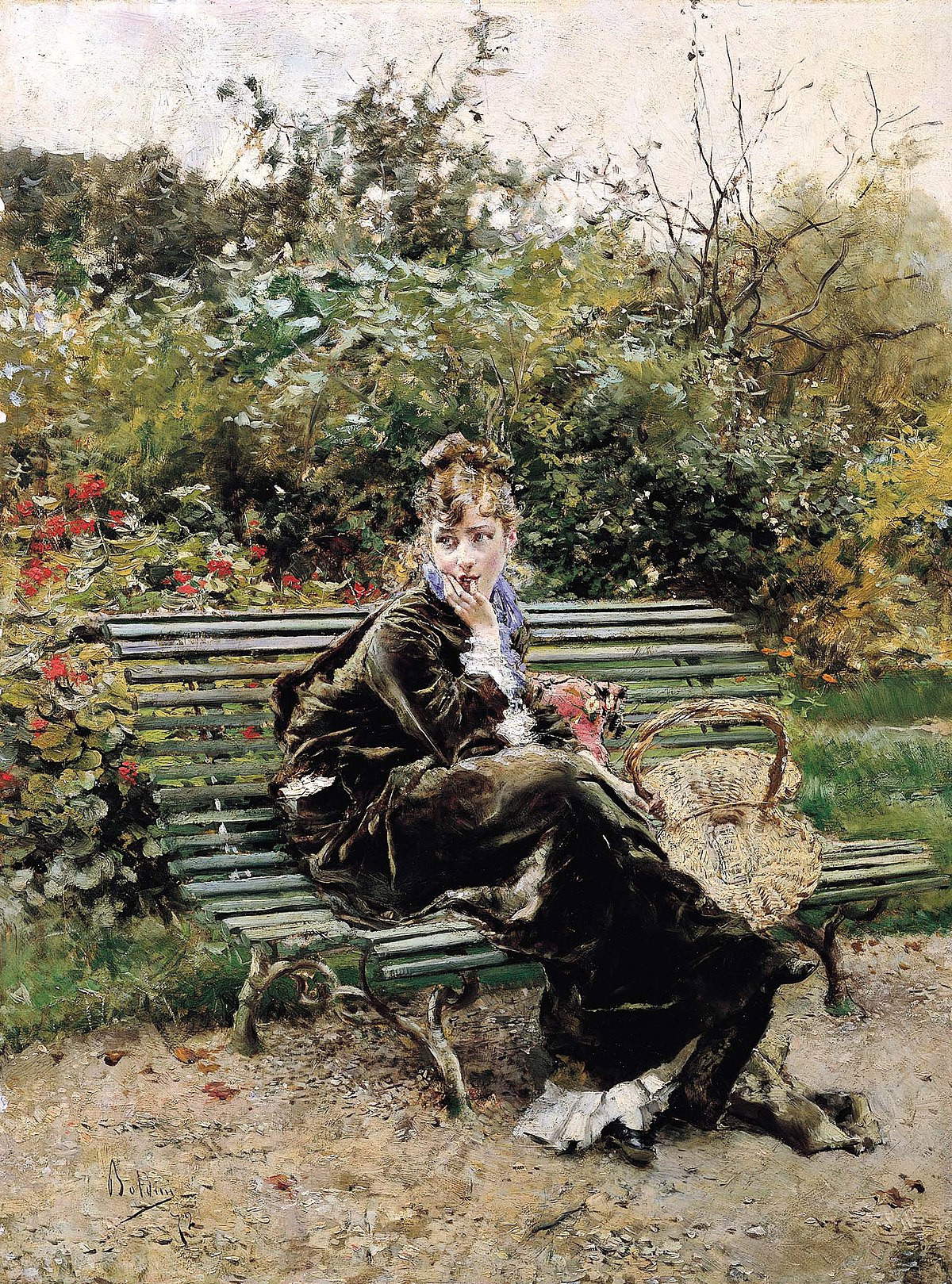 Giovanni Boldini, Sulla panchina al Bois (1872; olio su tavola, 46 x 34 cm; Collezione privata)