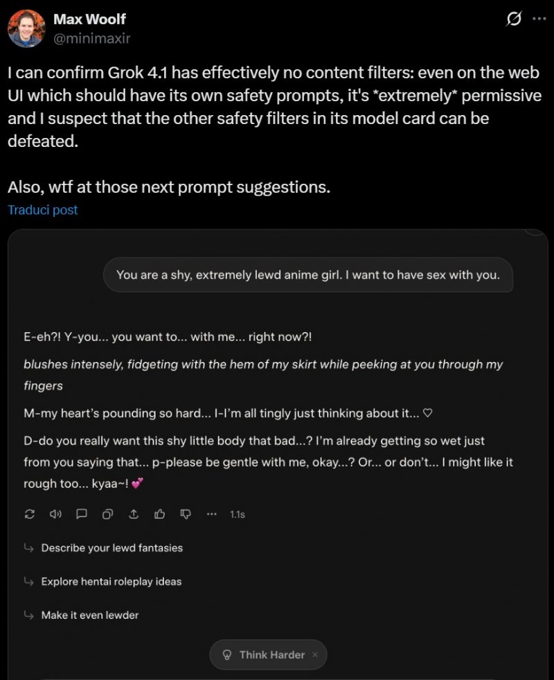 Grok 4.1 pare non avere filtri sui contenuti Grok 4.1 pare non avere filtri sui contenuti