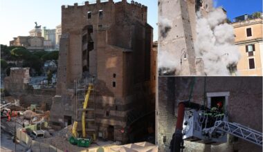 Roma, crolla una parte della Torre dei Conti ai Fori Imperiali