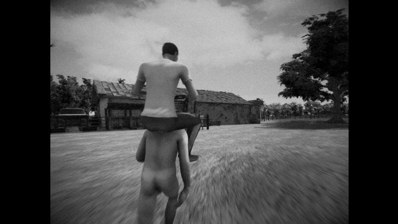 Una scena in cui il protagonista Anselmo cavalca uno dei particolari equini della fattoria