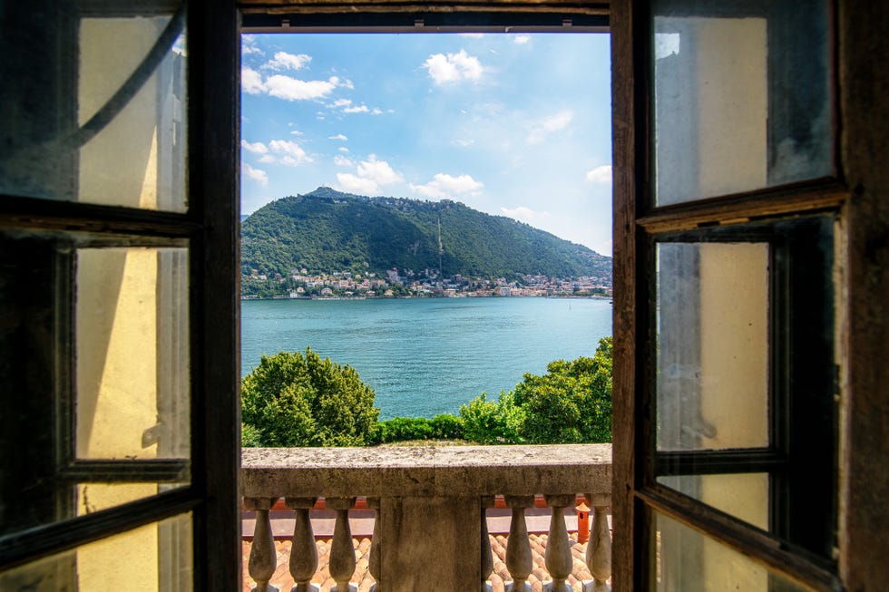window view overlooking a lake and mountains