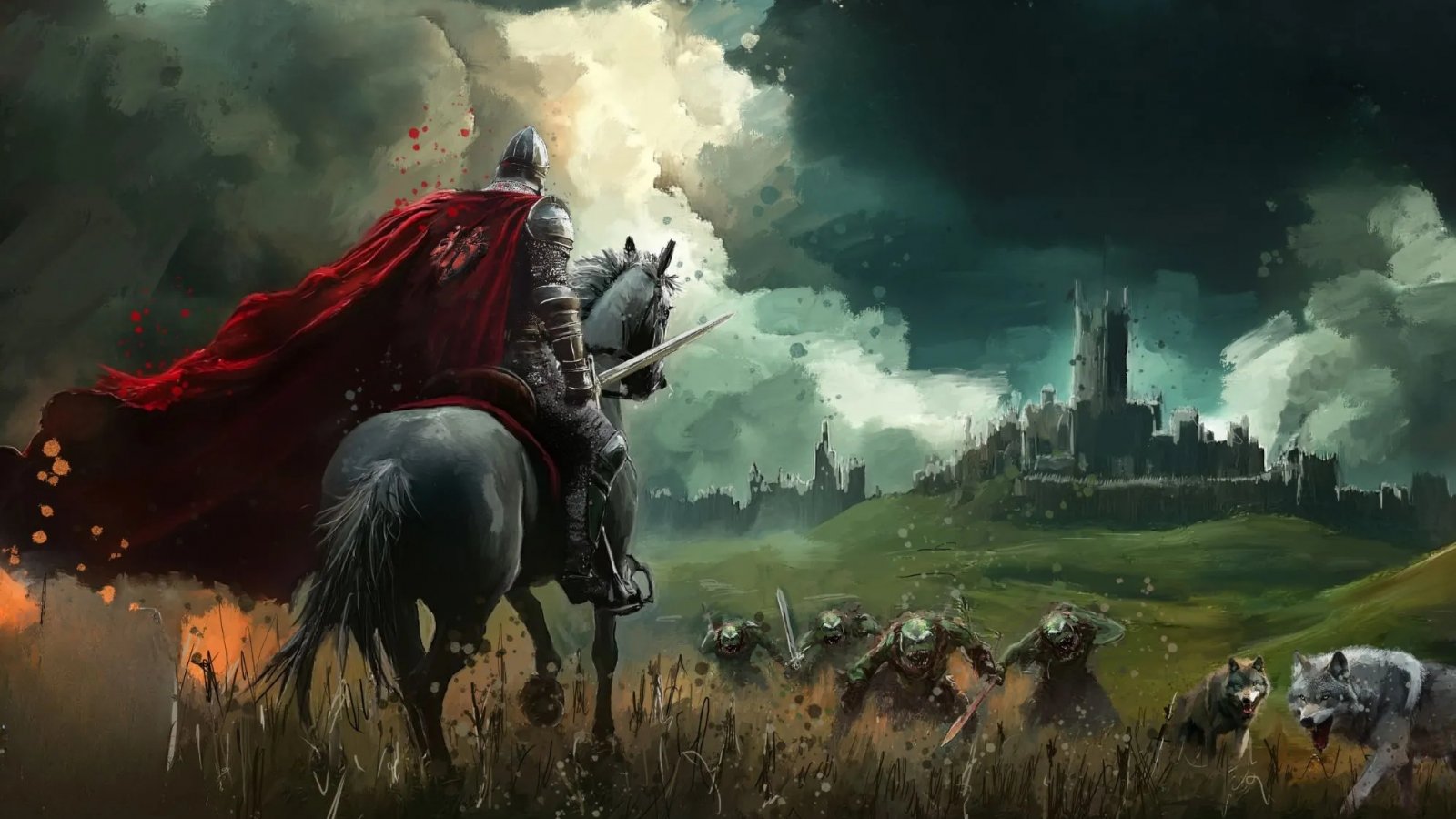 Promo Art di Knights of Frontier Valley che mostra un cavaliere che si dirige verso un gruppo di lupi e di goblin