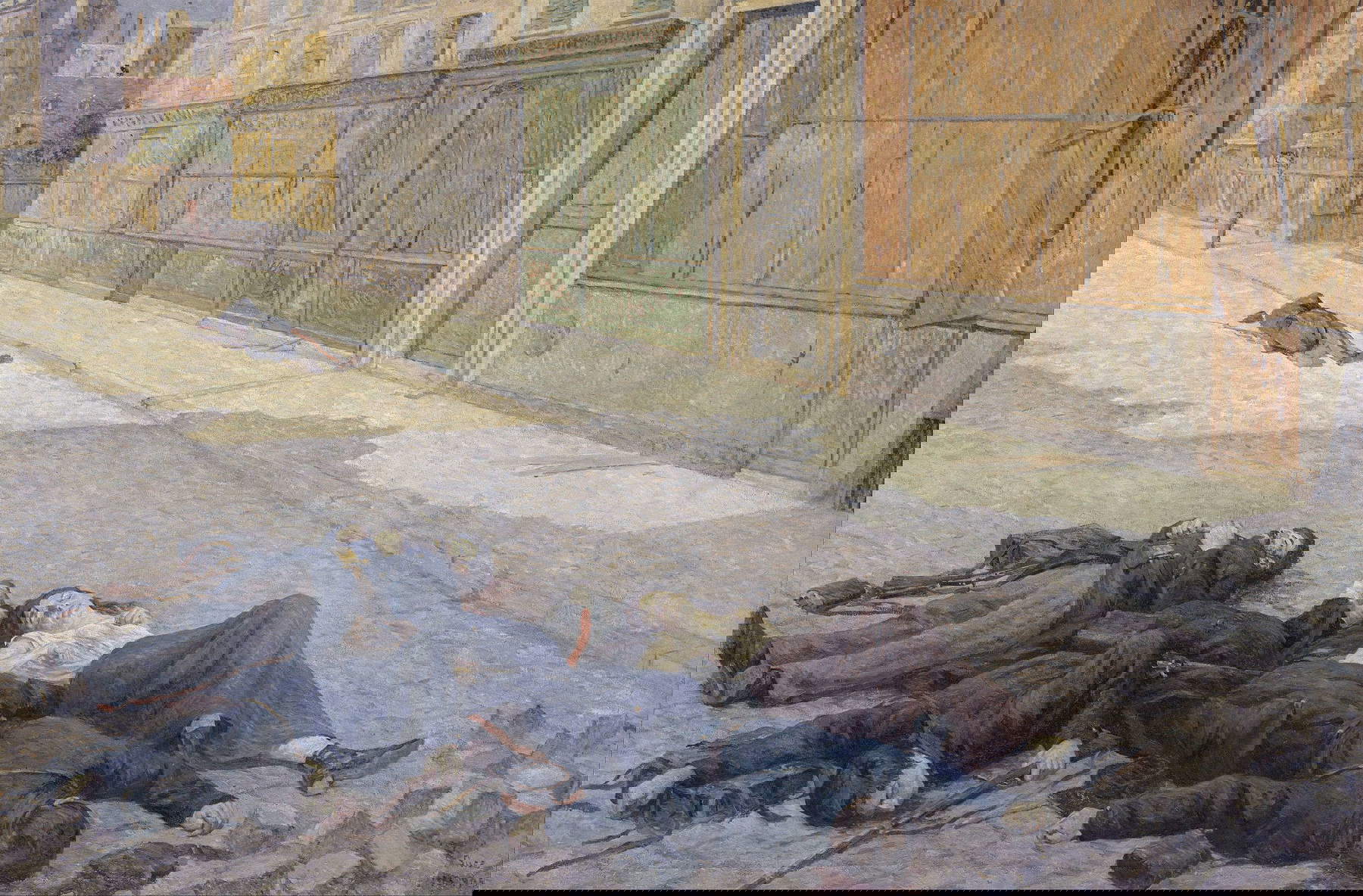 Maximilien Luce, Une rue de Paris en mai 1871 (Una via di Parigi nel maggio 1871) (1905 circa; olio su tela, 151 x 225,8 cm; Parigi, Musée d’Orsay; dono di Frédéric Luce, figlio di Maximilien Luce 1946, inv. RF 1977235)