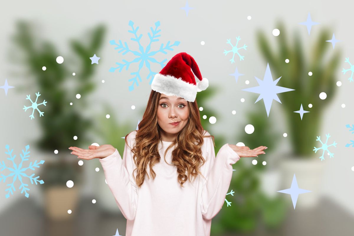 Delle piante su un tavolo sfogate, dei fiocchi di neve ed una ragazza in primo piano indecisa con in testa un cappello natalizio