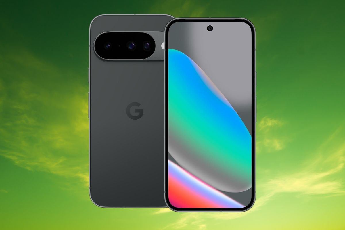 googl pixel 10 fronte e retro, sfondo cielo verde