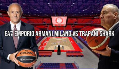 Gli allenatori di EA7 Emporio Armani Milano e Trapani Shark al Mediolanum Forum, composizione grafica TrapaniOggi.it 2025