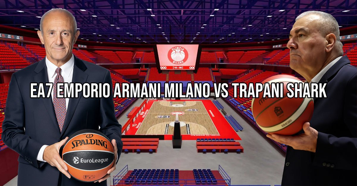 Gli allenatori di EA7 Emporio Armani Milano e Trapani Shark al Mediolanum Forum, composizione grafica TrapaniOggi.it 2025