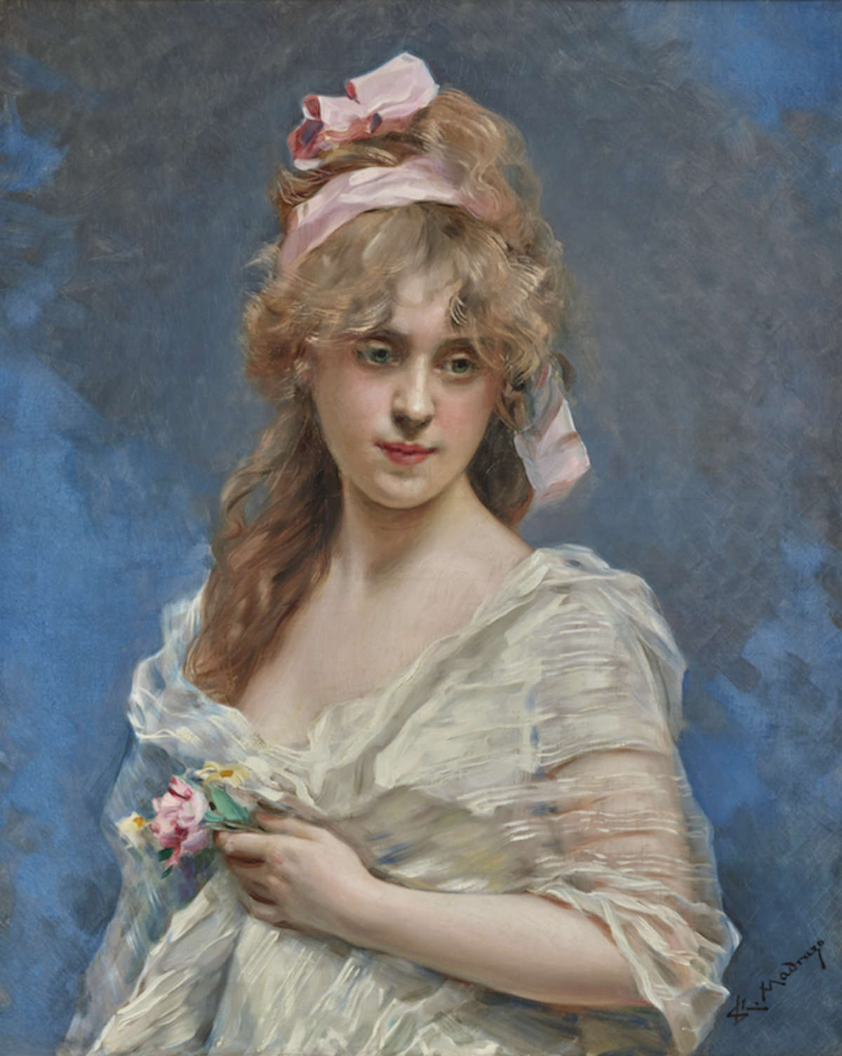Raimundo de Madrazo y Garreta, Le ruban rose (il nastro rosa) (olio su tela, 81 x 65 cm). Su concessione di Galerie Ary Jan, Paris