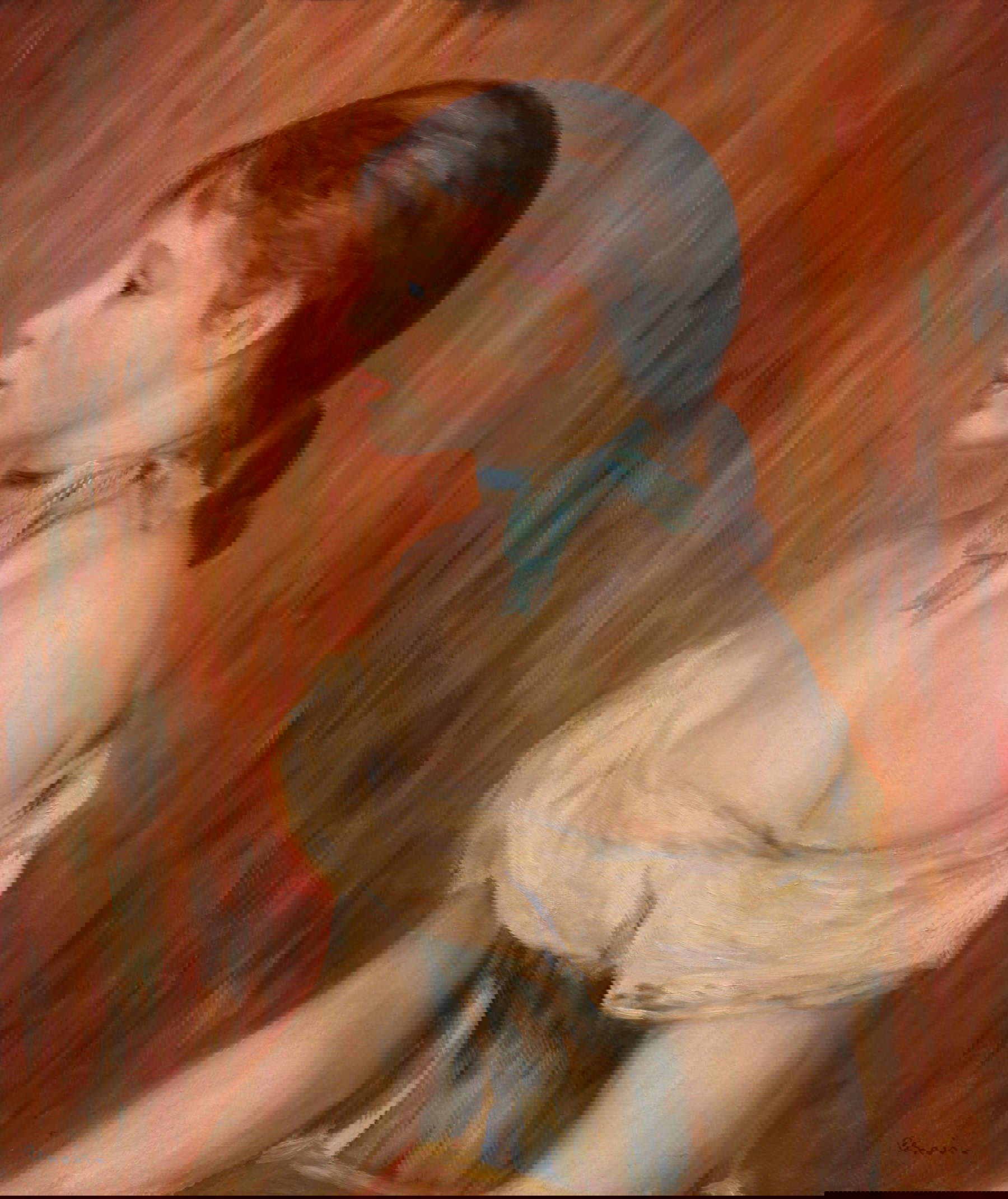 Auguste Renoir, Jeune fille au ruban bleu (Ragazza col nastro blu) (1888; olio su tela, 55,7 x 46,3 cm; Lione, Musée des Beaux-Arts de Lyon, inv. 1997-47)