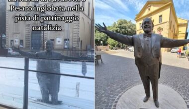 La statua di Pavarotti "ingabbiata" nella pista di ghiaccio a Pesaro, la rabbia di Nicoletta Mantovani: "È indegno"
