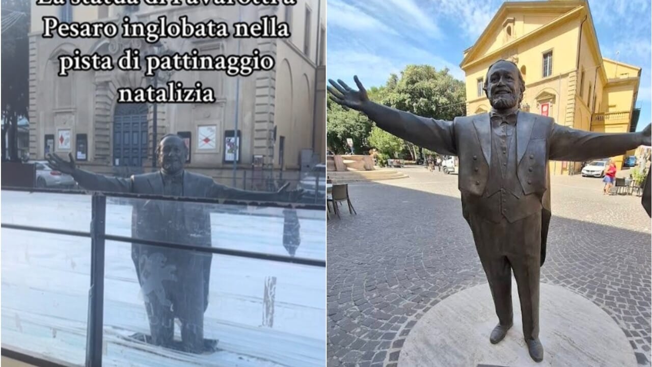 La statua di Pavarotti "ingabbiata" nella pista di ghiaccio a Pesaro, la rabbia di Nicoletta Mantovani: "È indegno"