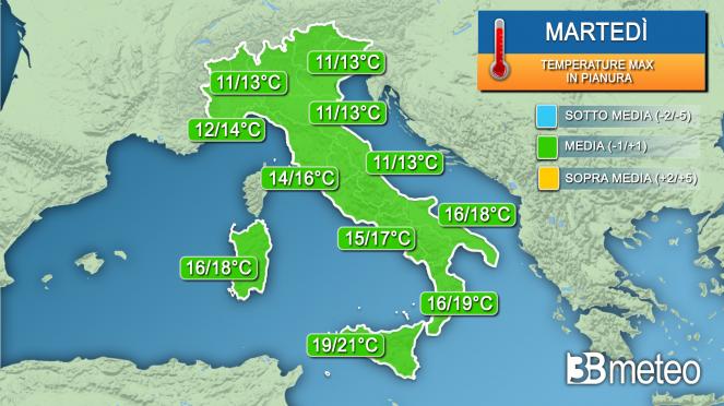 Temperature massime martedì