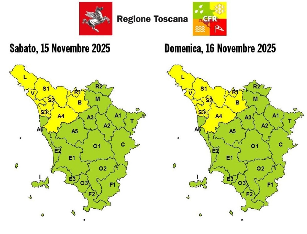 temporali allerta meteo gialla toscana 15 16 novembre 2025