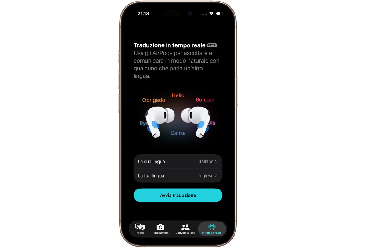 Come usare Traduzione dal Vivo, tutti i passaggi - macitynet.it La schermata di avvio di Traduzione in Tempo Reale con gli Airpods
