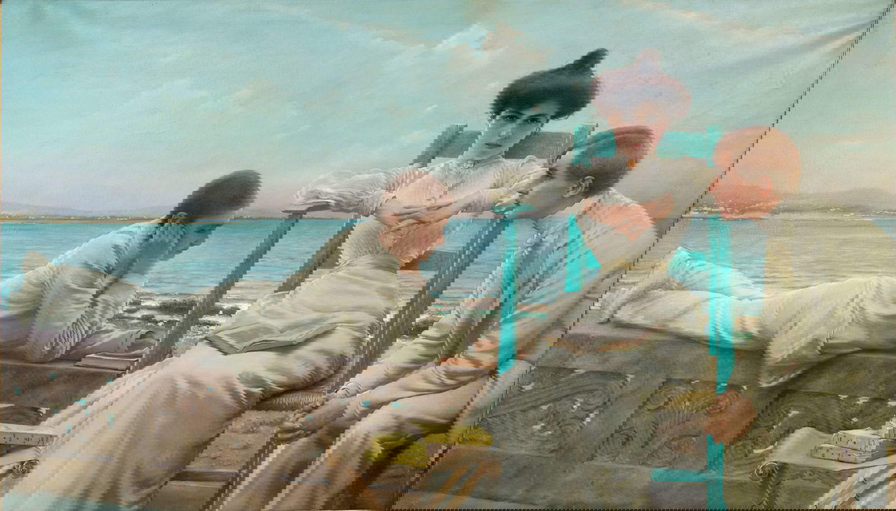 Vittorio Matteo Corcos, In Lettura sul mare (1910; olio su tela, 130 x 228 cm; Collezione privata)