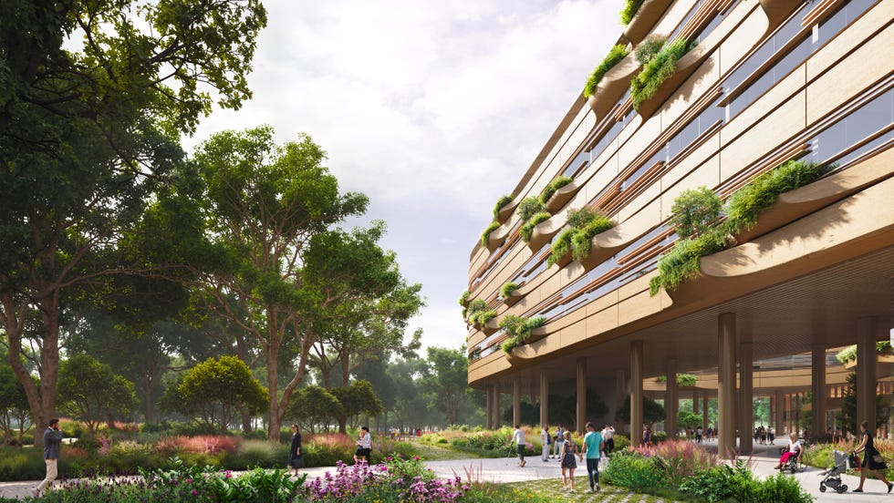 ospedale-malpensa-zaha-hadid urban outdoor area featuring a modern building and lush landscaping