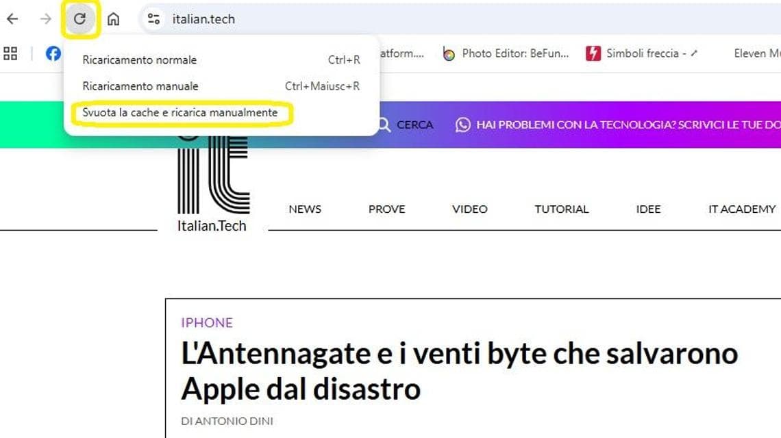 La possibilità di svuotare la cache e ricaricare manualmente appare facendo un click prolungato sull'icona di aggiornato