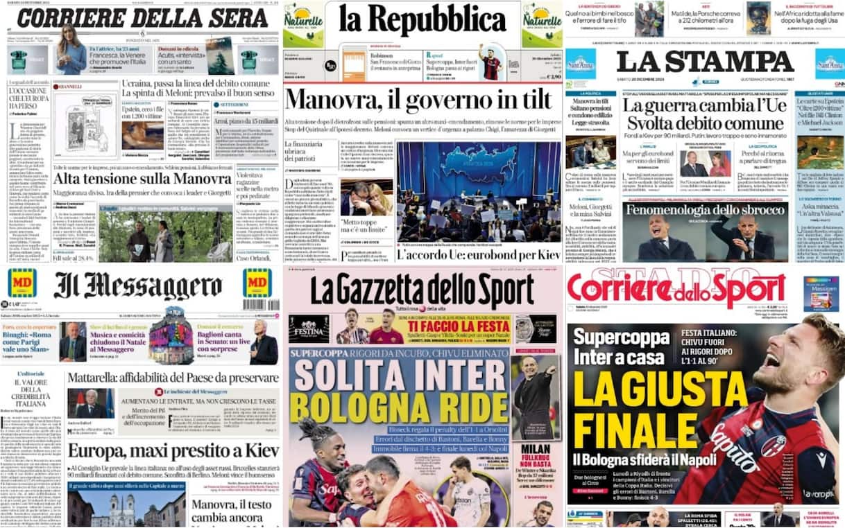 Le prime pagine dei quotidiani di oggi 20 dicembre: la rassegna stampa