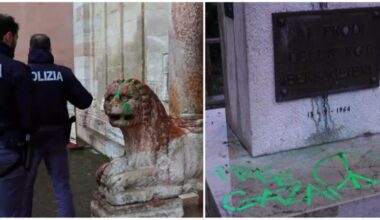 Blitz ProPal a San Zeno e Castelvecchio, i leoni della basilica imbrattati di verde: «Free Gaza» / VIDEO