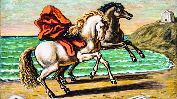 Giorgio de Chirico Due cavalli in riva al mare con ruderi a drappo rosso, 1971