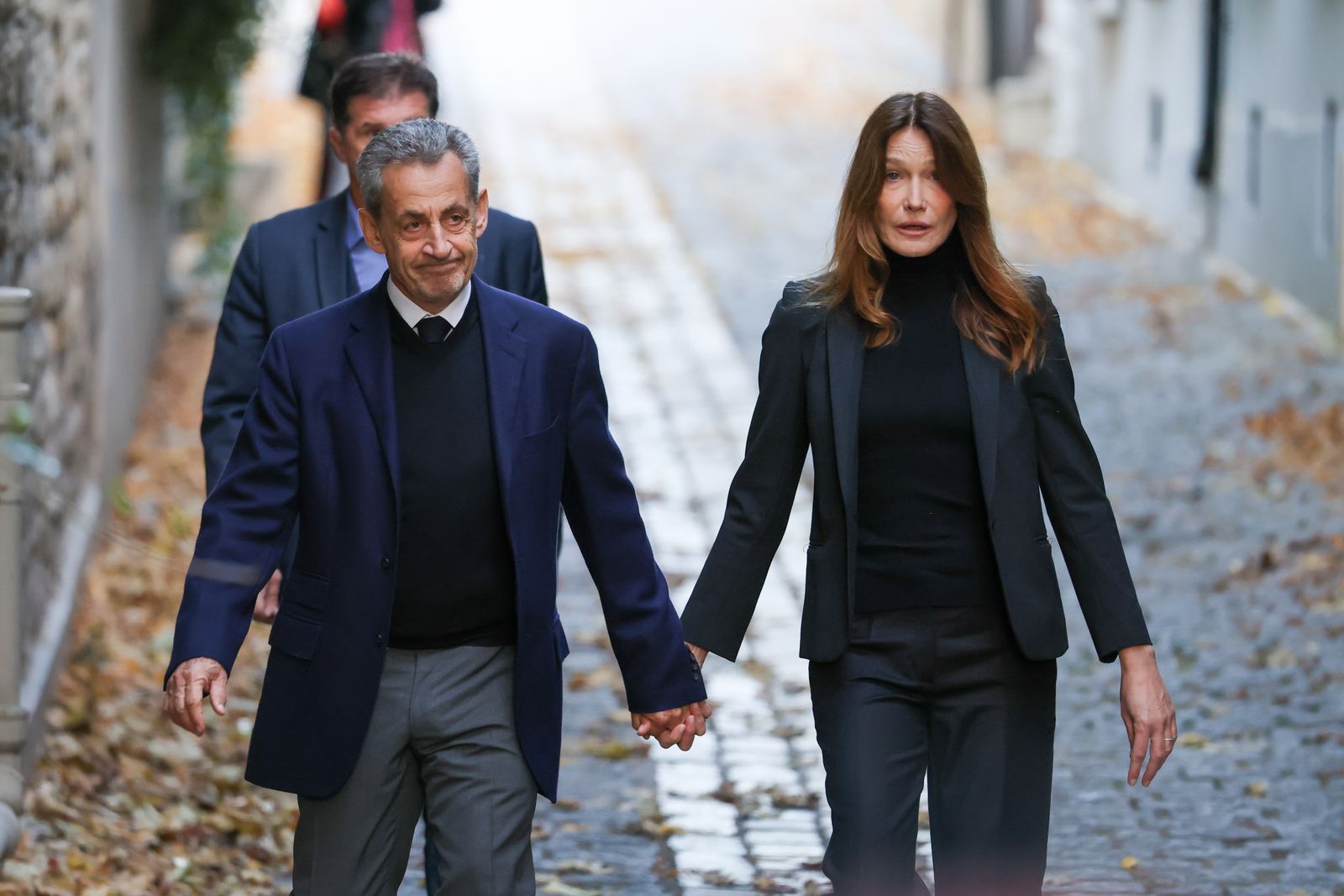 PARIS FRANCE  OCTOBER 21 Nicolas Sarkozy and Carla Bruni are seen leaving their home on October 21 2025 in Paris France....