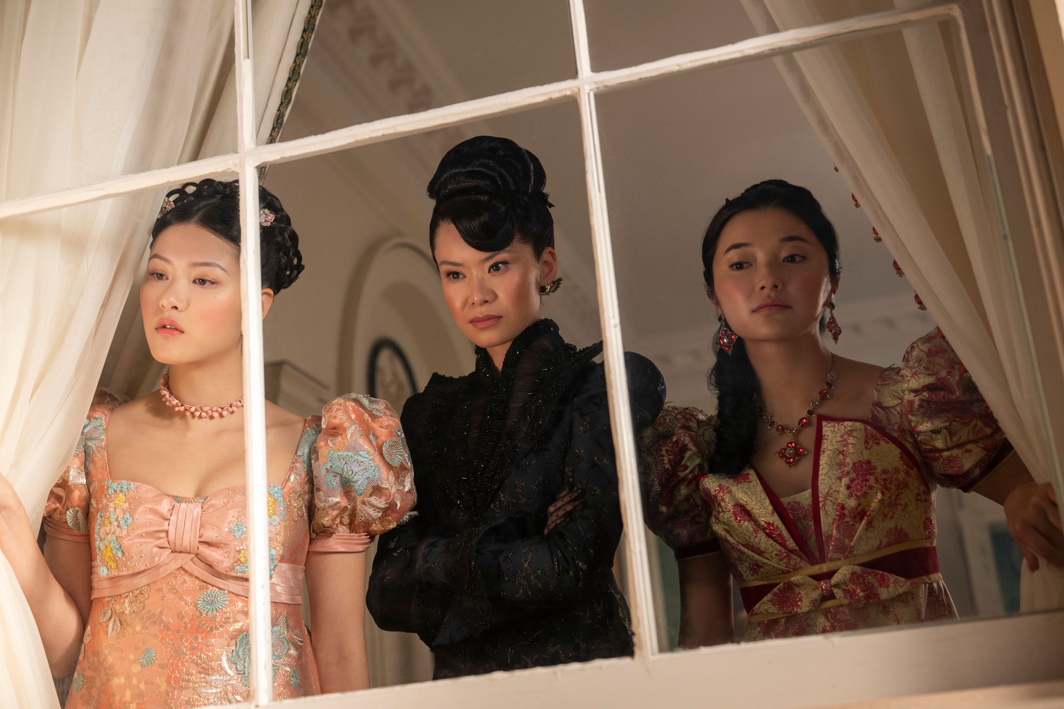 Bridgerton.  Isabella Wei as Posy Li Katie Leung as Lady Araminta Gun Michelle Mao as Rosamund Li in episode 402 of...