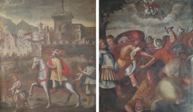 “Sant’Ambrogio che fugge da Milano” e “Sant’Ambrogio che appare nella battaglia di Parabiago”, i due dipinti tornati a Casciago