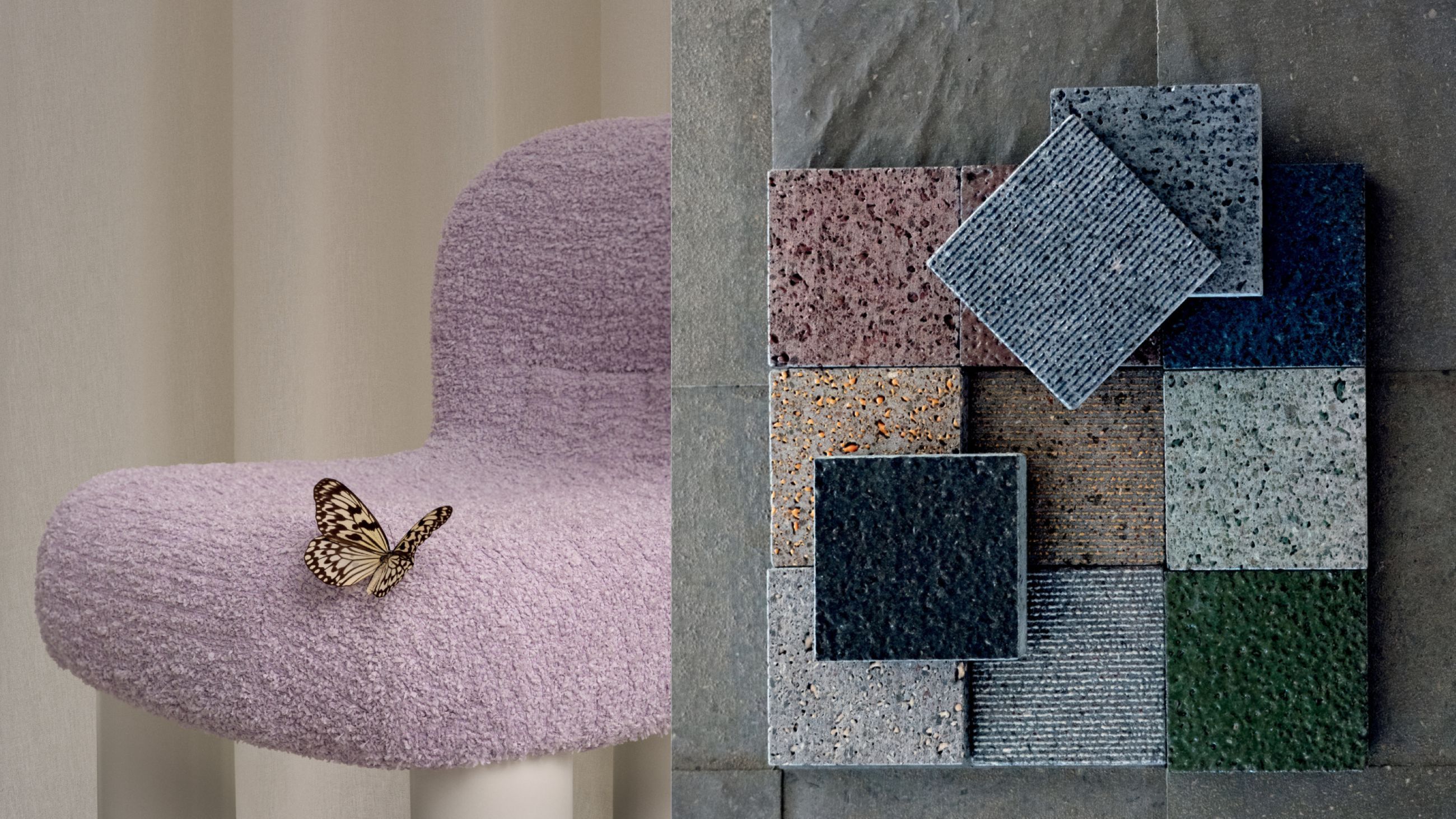 La collezione Florim SensiEtna, progettate da Matteo Thun e Benedetto Fasciana in pietra lavica recuperata e vetro riciclato; Samba di Formafantasma per Kieffer: ciniglia di rafia tecnica, vivace e audace, ispirata alla danza brasiliana - Courtesy Kieffer