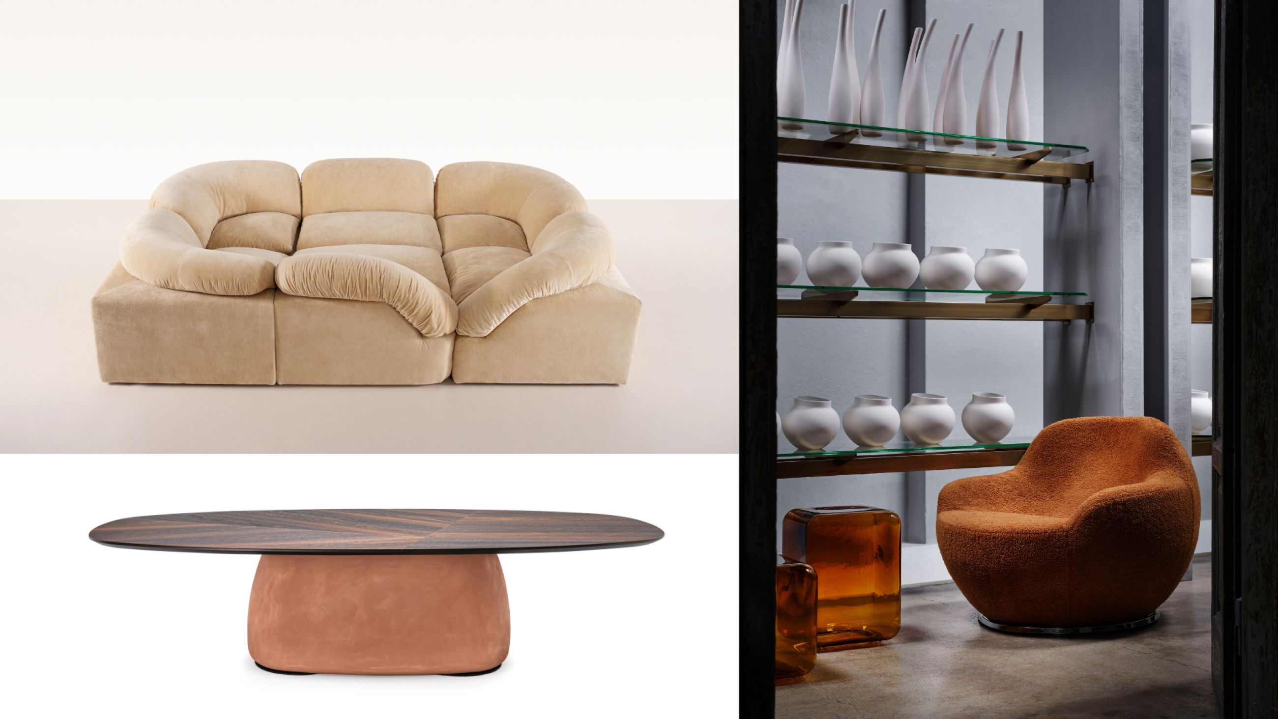 Da sinistra: Il morbido e burroso divano Butter di Faye Toogood per Tacchini. Courtesy Tacchini; Più tonda di così? la poltrona Palla di Claudio Salocchi una riedizione di Acerbis - Courtesy Acerbis; Porta il nome di un famoso pittore che di rotondità ne sapeva qualcosa il tavolo Botero di Cattelan Italia - Courtesy Cattelan Italia 