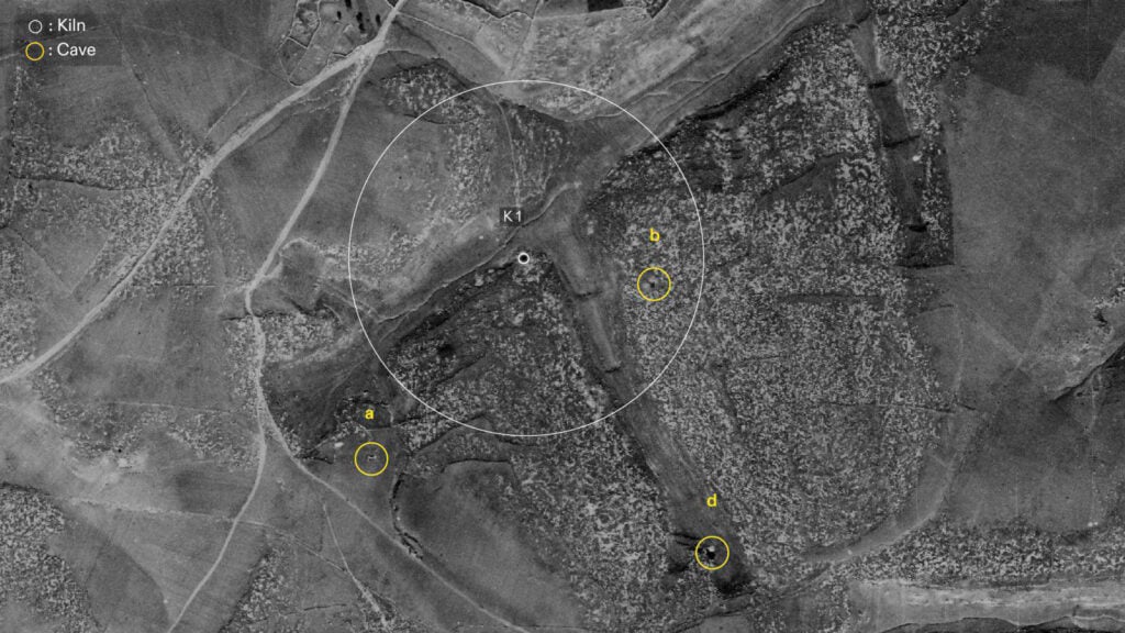 Aerial photograph with 1945 annotations showing the three most likely sites of Tur al-Zagh, 2025, © Forensic Architecture