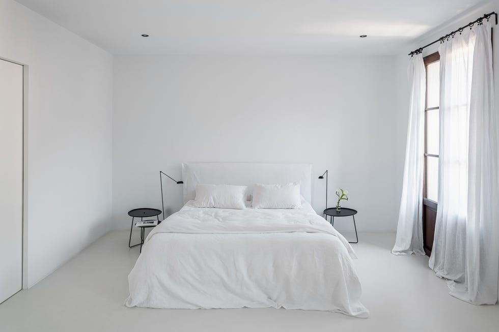 minimalist bedroom with a white bed and side tables