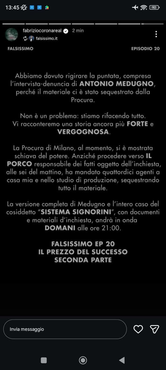 Corona spiega che la procura ha sequestrato la puntata su Signorini