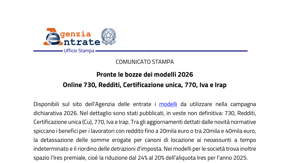 Dichiarazione dei redditi 2026: online le bozze dei modelli
