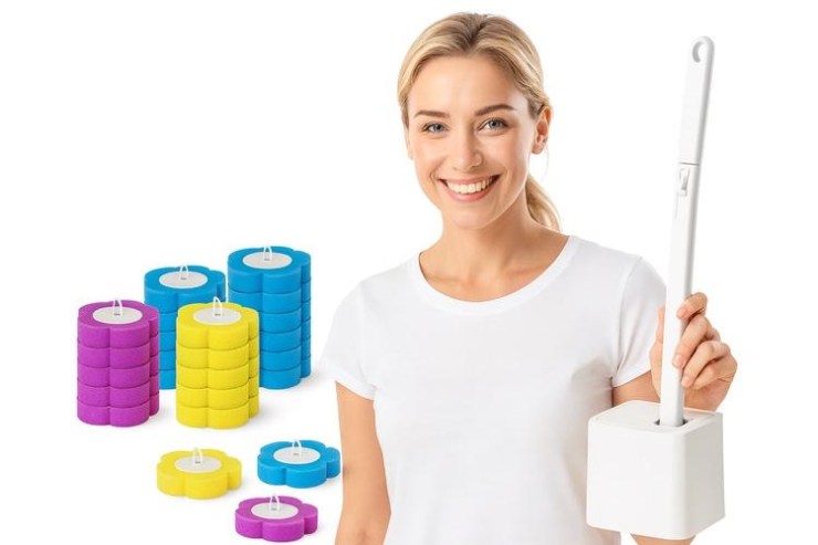 donna sorridente che mostra uno scopino per wc innovativo