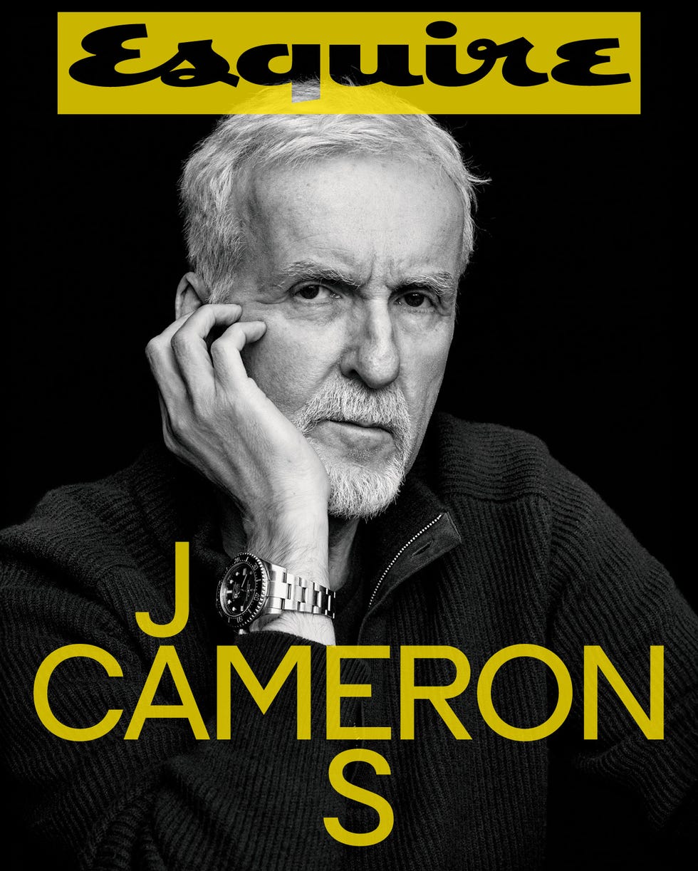 james cameron cover story esquire 46 in tutto il servizio abiti personali orologio rolex, oyster perpetual rolex deepsea in acciaio oystersteel con disco della lunetta cerachrom in ceramica nera e bracciale oyster