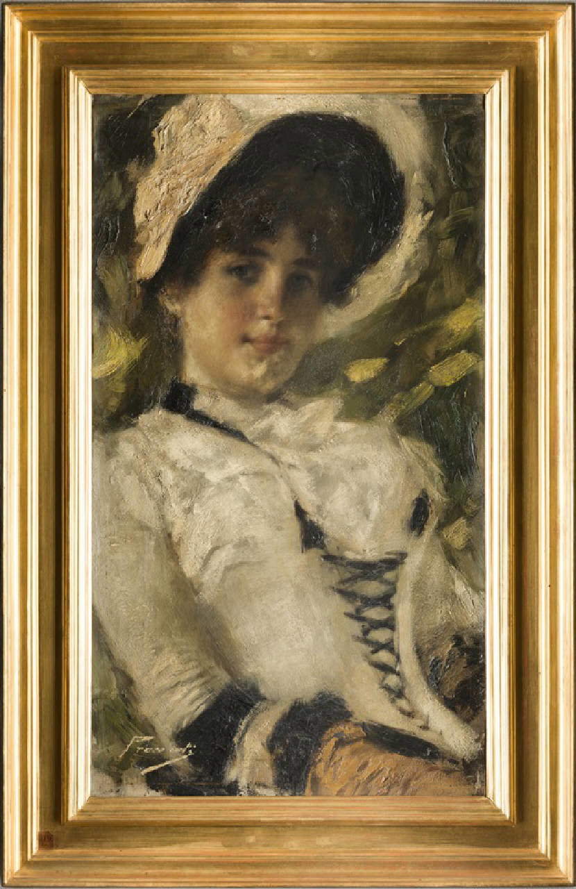 Gaetano Previati, Ritratto di Erminia Cairati (1881; olio su tela, 82 x 45,5 cm; Milano, Galleria d'Arte Moderna)