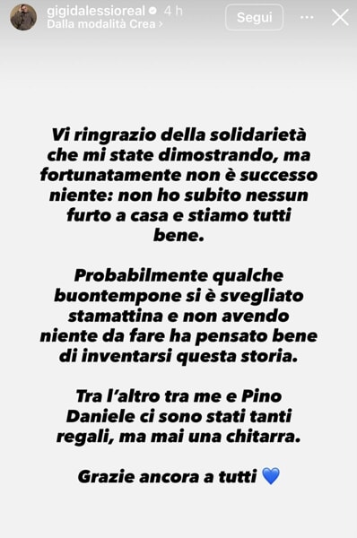 Gigi D'Alessio IG story 29 dicembre