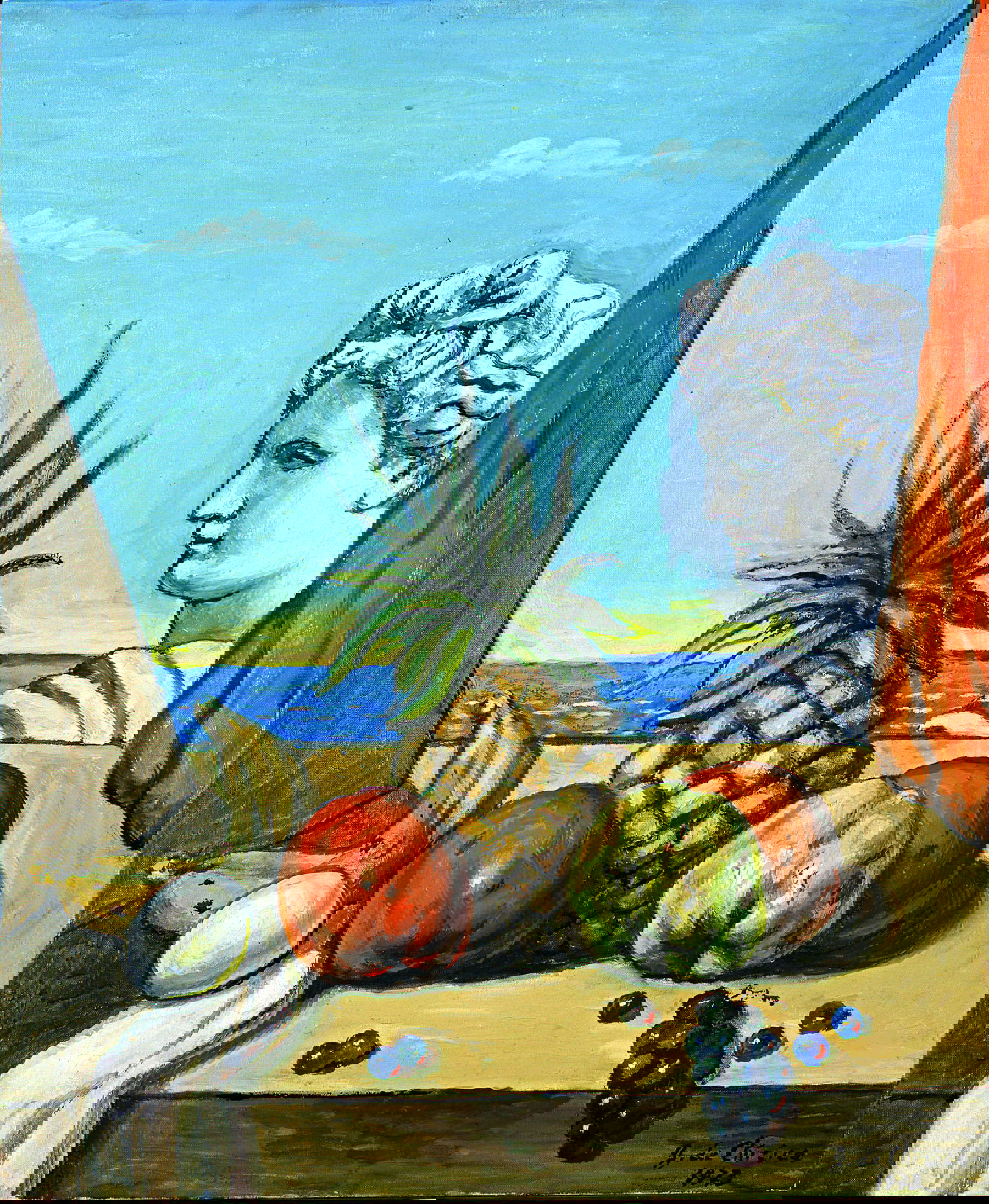 Giorgio de Chirico, Frutta con busto di Apollo (1973)