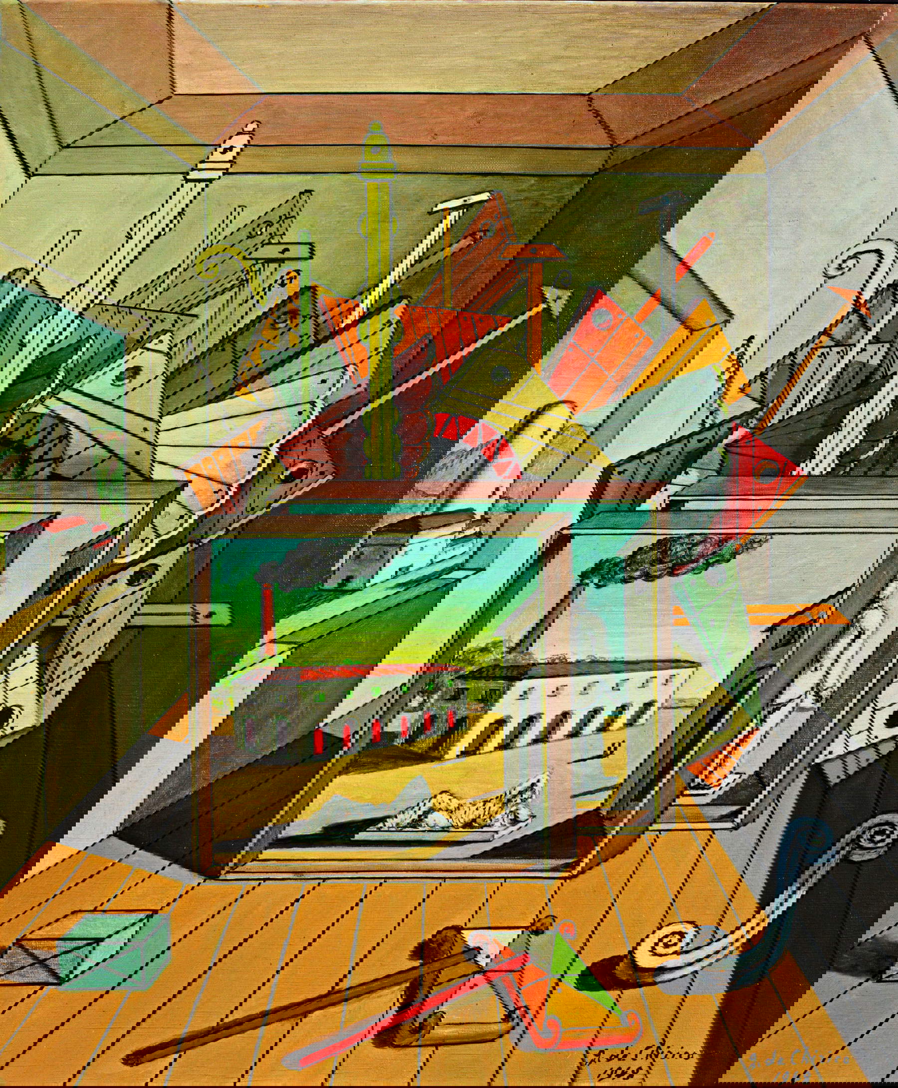 Giorgio de Chirico, Interno metafisico con officina (1969)